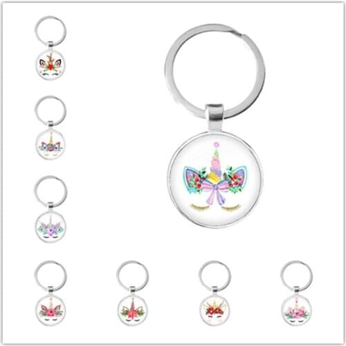 Merry Christmas Flower Power Unicorn Kids SchoolBag Keychain Glass Christmas Tree Pendant Key Chains Jewelry Lovely Xmas Gifts