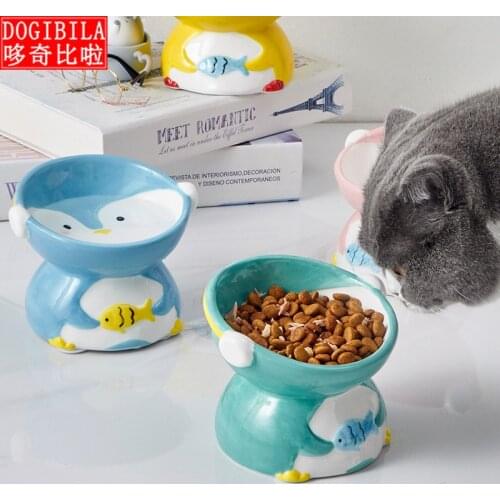 Meow bowl protect spine high foot cat bowl single bowl silica gel antiskid cat Bowl Ceramic cat bowl Penguin cat bowl