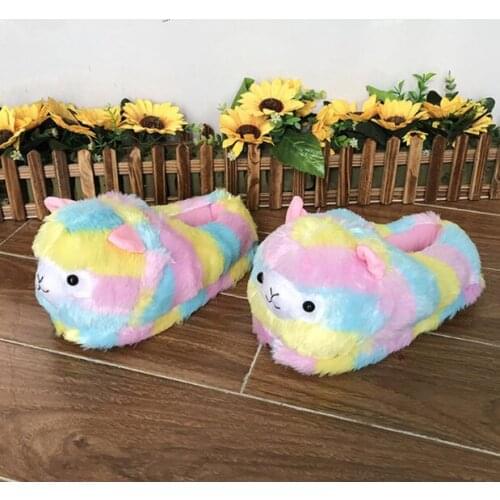 2020 Cute Colorful Alpaca Fur Slippers Womens Home Indoor Slippers Warm Winter Cotton Shoes Non Slip House Bedroom Shoes