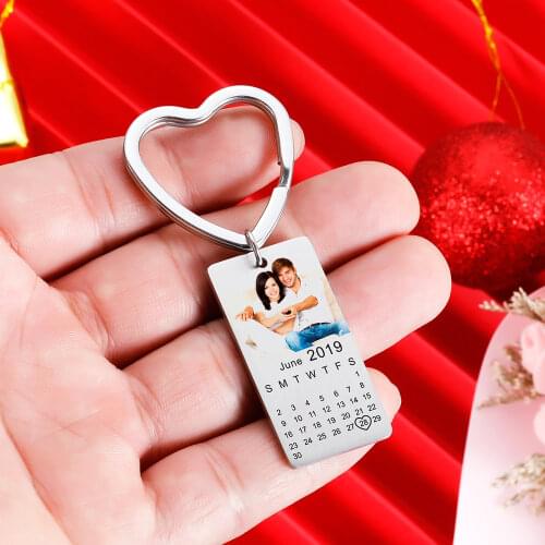 Personalized Calendar Keychain Engraved with Your Date Text Signature Keyring Hand Stamped Date with Heart Customize Key Chain