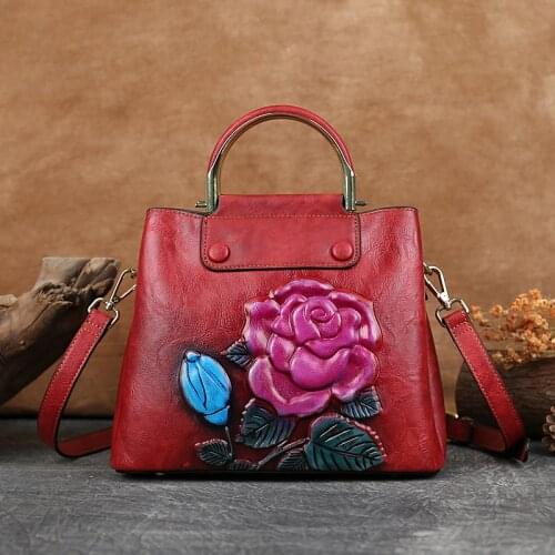 Rose Flower National Wind Restoring Ancient Ways Cowhide Womens Handbags Brand High Quality Document Luxury Shoulder Bags