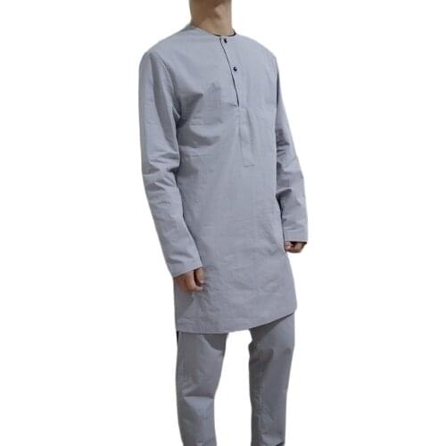 African Fashion O Neck Top+Pant Senator Style Mens Outfit Cotton Grey Cotton Shirt Sets Male Wedding Costume