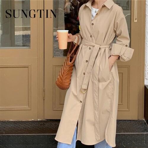 Sungtin Minimalist Trench Women with belt Khaki Single Breasted Long Trench Coat Spring Sashes Korean Female Windbreaker 2021