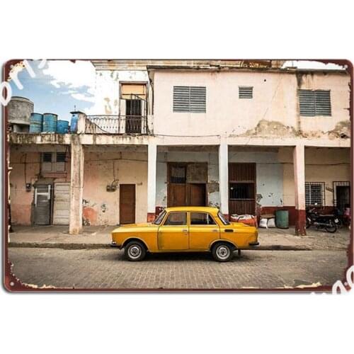 Bright Yellow Vintage Car In La Havana Cuba Metal Signs Wall Cave Party Create Wall Decor Metal Posters