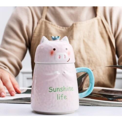 450ML Pink Pig Big Belly Ceramic Cup With Lid Spoon Cute Cartoon Mug Girl Little Fresh Lovers Coffee Cups Mug Coffee Mugs