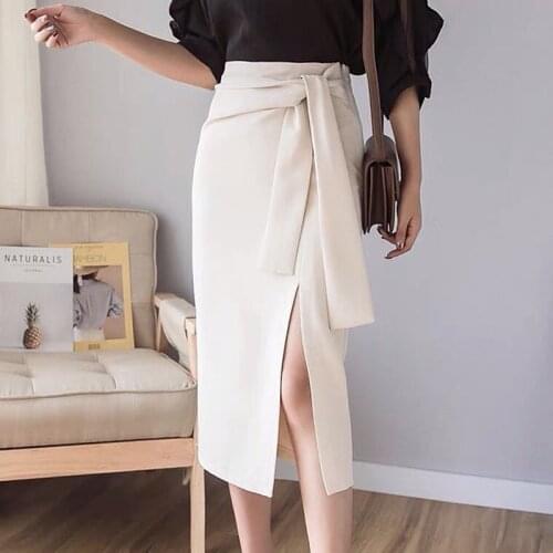 2020 Summer Long skirts women high waist black Split pencil skirt Ladies Plus Size lace up office lady Skirt jupe femme