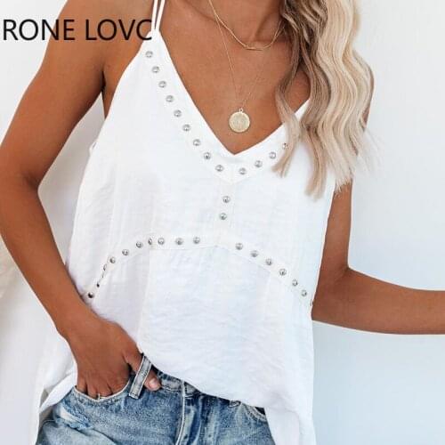 Women Solid V-neck Beaded Casual Rivet Camis Tank Top