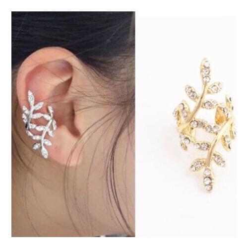 Women Girls Fashionable Gold Leaf Shape Earrings Crystal Rhinestone Flower Ear Cuff Wrap Clip Earring 2020 New Trendy