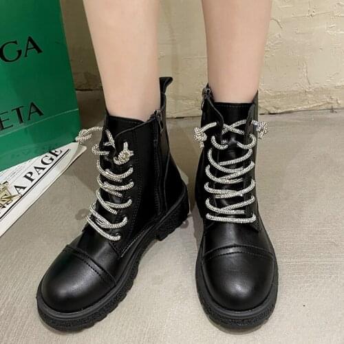 Rimocy Luxury Crystal Lace Up Motorcycle Boots Women 2021 Pu Leather Platform Ankle Boots Ladies Black Square Heel Booties Woman