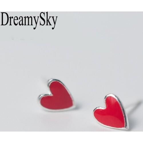 DreamySky 100% Real Pure Red Heart Silver Color Earrings For Women Girls Brincos Fashion