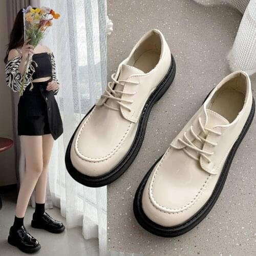 Womens Flat Shoes Solid Color Thick-soled Round Toe Lace-up Oxford Shoes