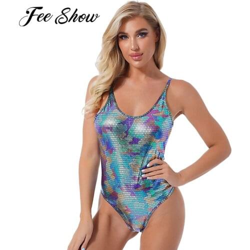 Women Shiny Metallic Faux Leather Catsuits Pole Dancing Jumpsuits Spaghetti Straps Bodysuit Snakeskin Printed Sleeveless Leotard