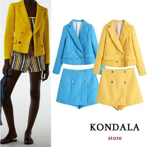 KONDALA Za Unicolor Yellow Blazer Office Lady Fashion 2021 Double Breasted V Neck Oversized Long Jackets Women Elegant Outwear