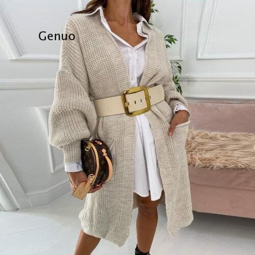 Knitted Open Stitch Cardigan Sweater for Women Autumn Winter Solid Fashion Front Pocket Long Sweater Coat Loose