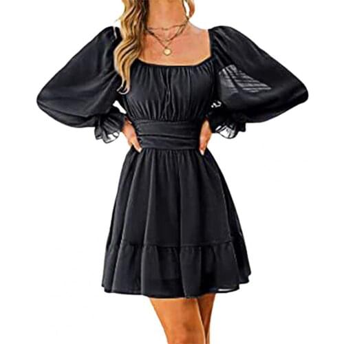 2021 Women Sweet Beach Dress High Waist Long Sleeve Square Neck Backless Loose Hem Petal Backless Loose Mini Dress