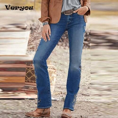 2021 Women Flower Slim Pocket Trousers Pants Vintage Embroidered High-Waist Straight-Leg All-Match Jeans S-3XL Denim Jeans
