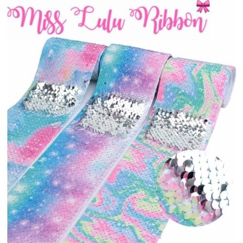 3"75mm Purple Galaxy Rainbow Gradient Color Double Reversible Silver Sequin Ribbon Geometric DIY Hair Bowknots 46yards/roll