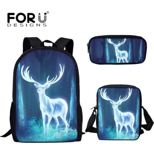 FORUDESIGNS Cool Animal Deer Pattern Print School Bags for Boys Girls Large Capacity Student Schoolbags Casual Campus Bags 3Pcs
