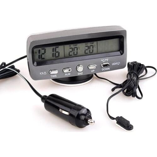3-in-1 Multifunctional Car Clock Indoor Outdoor Thermometer Voltmeter ABS Material Clock with LCD Display LED Backlit