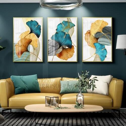 Abstract Golden Ginkgo Leaves Nordic Canvas Painting Wall Art Prints Modern Pictures For Living Room Home Dining Hallway Decor