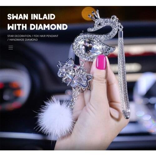 Car Fashion Pendant Diamond Crystal Fur Ball Swan Element Decor Automobile Rearview Mirror Car Hanging Ornaments Accessories