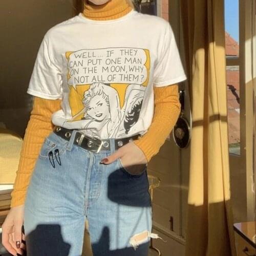 Summer Put Man On The Moon T Shirt Women Quotes Vintage Style 90s Funny T-shirt Cool Graphic Tee Cute White Tops