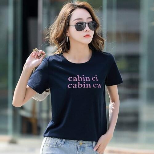 Summer Womens T-shirts 2021 Fashion Letter Print O-neck Tops Short Sleeve Tee Shirts Femme Cotton Casual Solid Korean Top