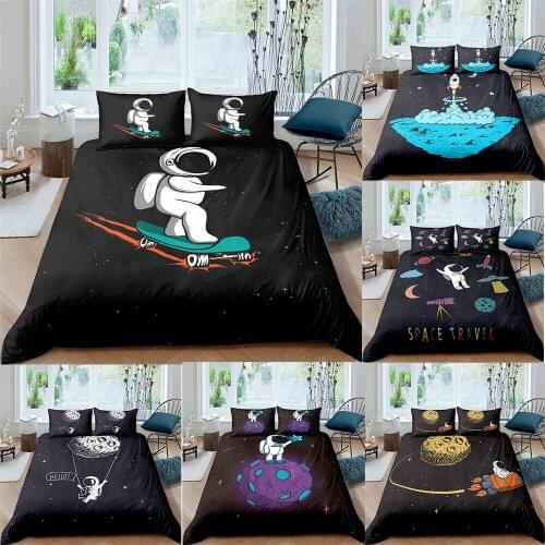 3D Astronaut Duvet Cover Cartoon Black Bedding Set Fuuny Comforter Bed Cover Set For Kids Children Bedclothes Bed Comforters