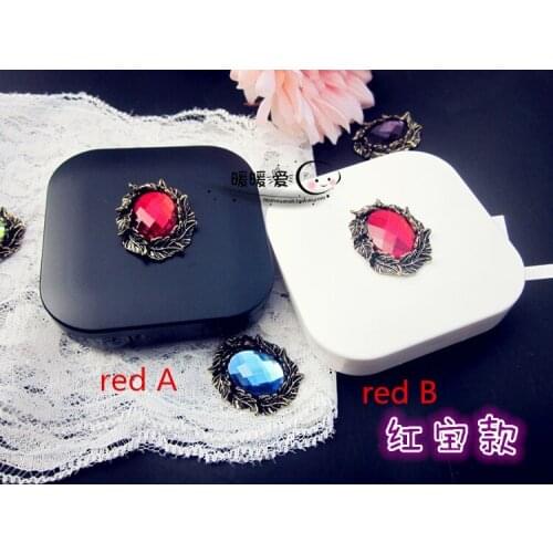 LIUSVENTINA Handmade DIY Cute Alloy Olive Leaf Red Gemstone Contact Lens Case With Mirror Box Container for Color Lenses