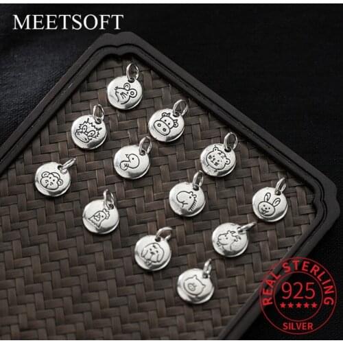 MEETSOFT Classic Sterling Silver 12 Animals Round Charms for DIY Handmade Fine Jewelry Necklace Decoration Pendant Accessory