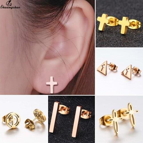 Shuangshuo Retro Christ Earrings Cross Stud Earrings Women Girls Stainless Steel Earrings Cross Jewelry Tiny Earrings pendientes