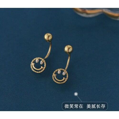 Real 925 Sterling Silver Cute Smile Face Earrings Simple Screw Stud Earring for Women Girls