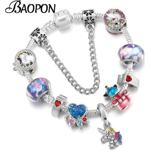 Silver Color Dog Paw Beads Charm Bracelet With Lovley Rainbow Unicron Pendant Bracelets Jewelry For Women Kids Men Dropshipping