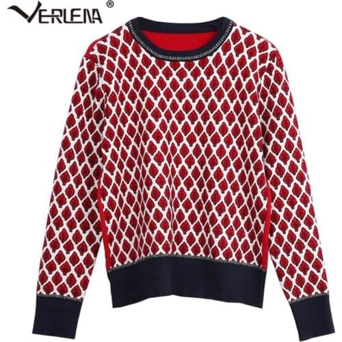 Verlena Leaves Embroidery Wool Red Sweater Women O-Neck Long Sleeve Patchwork Back Fine Knitted Soft Jumper Pullovers 2019 New