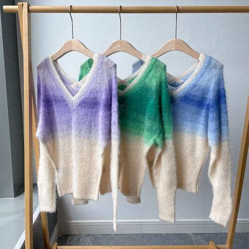 Early autumn new gradient double V-neck mohair sweater women thin long sleeve tops