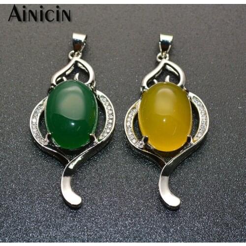 High Quality Natural Semi-precious Stone Oval Shape Yellow Green Agate Setting Silver Pendant For Necklace Making Findings 5pcs