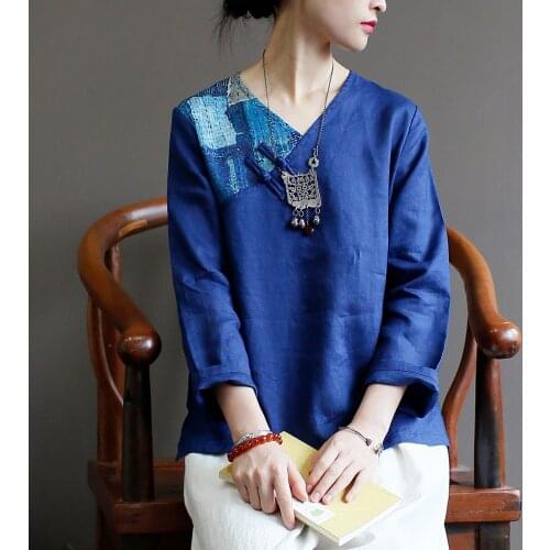 Women Retro Patchwork V Neck Blouse Tops Ladies Vintage Shirt Female 2019 Autumn Spring Linen Tops Flax Shirt