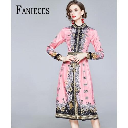 2021 Spring Autumn Runway Dresses Women Long Sleeve Pink Flower Print A Line Casual Shirt Dress vestido de mujer женское платье