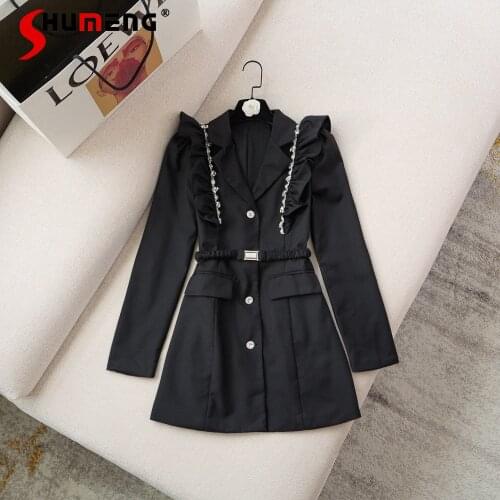 2021 Autumn New Tailored Collar Long Sleeve Single Breasted Dress Female Fashion Pleated Slim Waist A- line Dress for Women