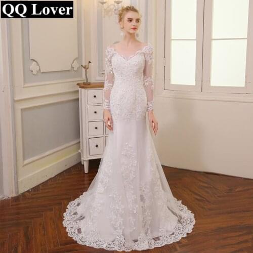 QQ Lover 2020 New V-neck Backless Mermaid Wedding Dress Long Sleeves Applique Vestido De Noiva Wedding Gown
