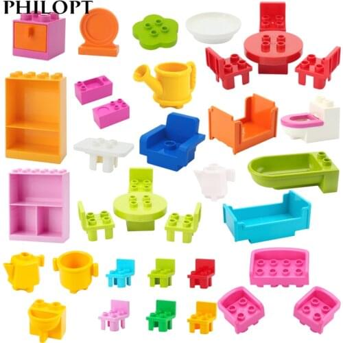Big Building Blocks Bathroom Kitchen Furniture Accessories Compatible Duplo Large Bricks Educational Diy Toy Children Kid Gifts