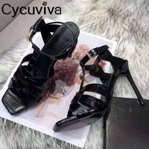 Designer Ladies Leather Sandals Ankle strap Thin High Heels Summer Party Shoes Woman Brand Black High Heel Sandals Women