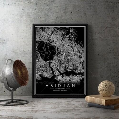 Black and white ABIDJAN map Posters landscape wall art canvas painting print for Living room Bedroom Bar Cafe Home Decor STJK1