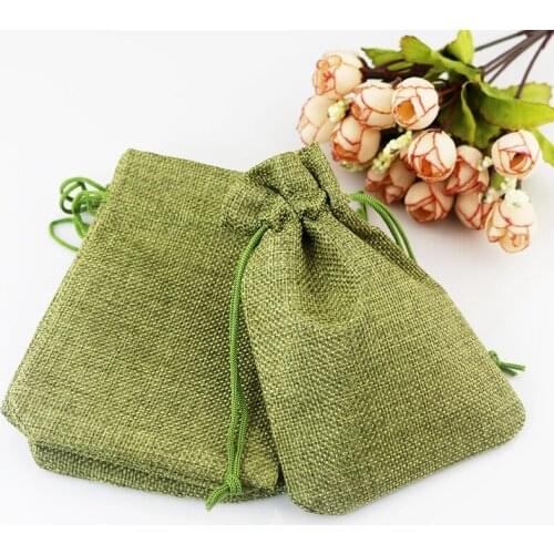 Hot 7*9cm 100 pcs/lot Handmade Green color Jute Drawstring Burlap Wedding Party Christmas Gift Jewelry Pouches Packaging Bag