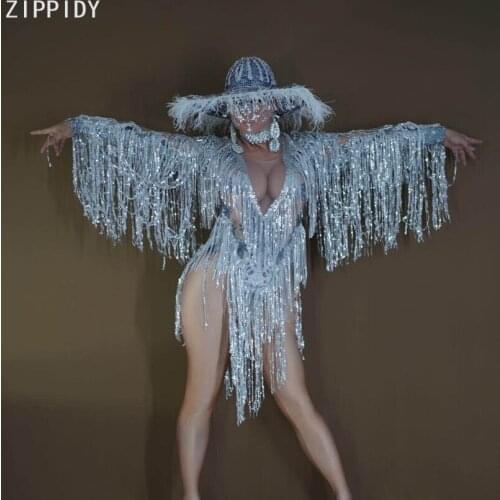 Elasticity Silver Sequin Fringe Sparkly Bodysuit Bar Women Dance DS Show Prom Party Wear Birthday Celebrate Outfit