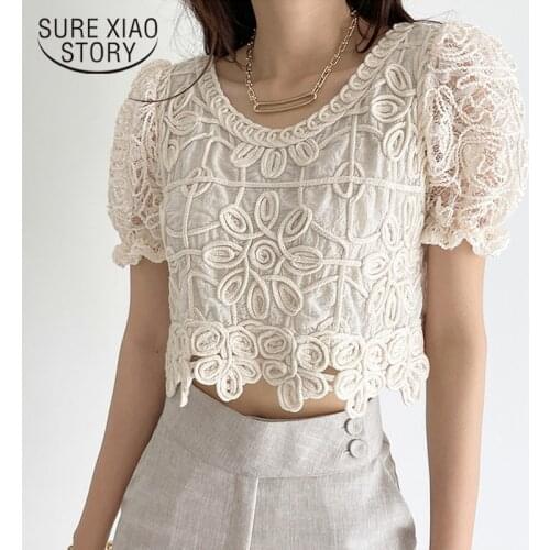 Elegant Summer Blouse for Women Fashion Korean Chic Hand Screw-thread Top Tide Ins Hot Lace Shirt Women New Style Slim Top 15288
