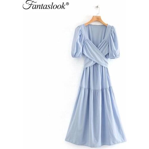 Elegant Midi Dress Women Puff Sleeved Cross Long Dresses Autumn V Neck Solid Slim Dress Ladies Patchwork Cotton Vestidos