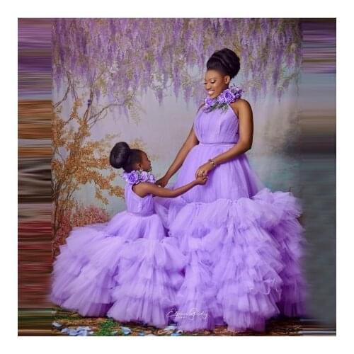 Elegant Lavander Mom And Me Tulle Dresses For Photo Shoot Sleeveless Halter Ruffles Pleated Ball Gown Mmother And Daughter G
