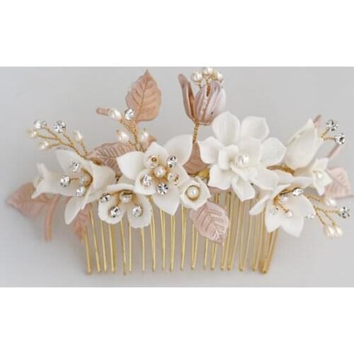 Floralbride Handmade Wired Alloy Pearl Ceram Flower Bridal Hair Comb Wedding Headdress Hair AccessoriesBridesmaids Women Jewelry
