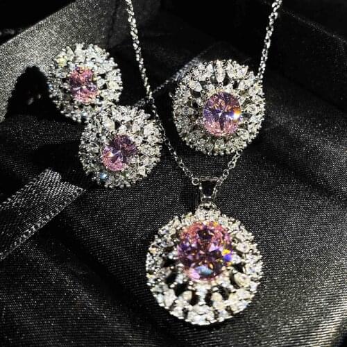 Luxury Full Inlay Shiny Zircon Hollow Oval Pendant Necklace 925 Silver Earrings/Ring For Women Wedding Engagement Jewelry